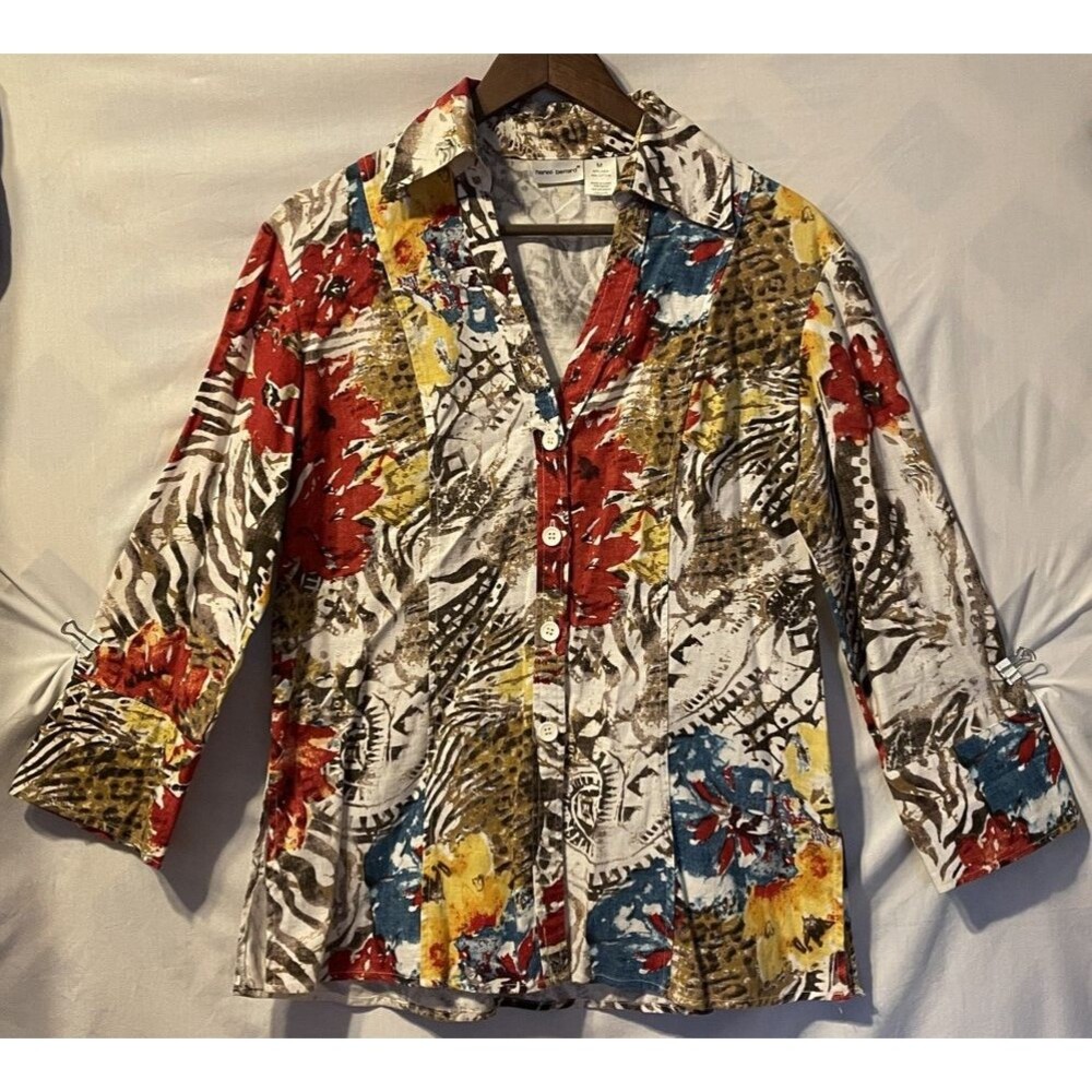 Vintage Harve Benard Linen Blend Blouse M Floral Animal Print Mixed Media Y2K